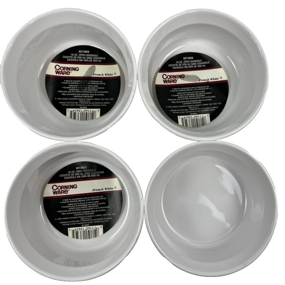 4 Vintage Corning Ware French White Open Casserole Dishes F-16-B 16oz/500 ML-NOS